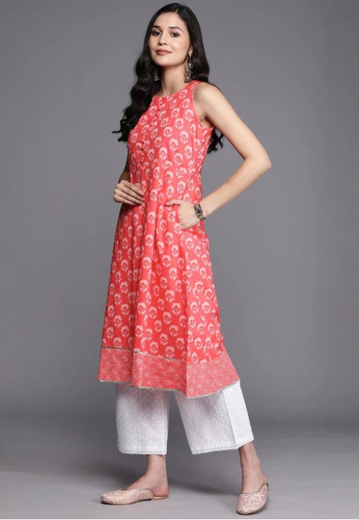 Coral Printed Cotton A-Line Kurta