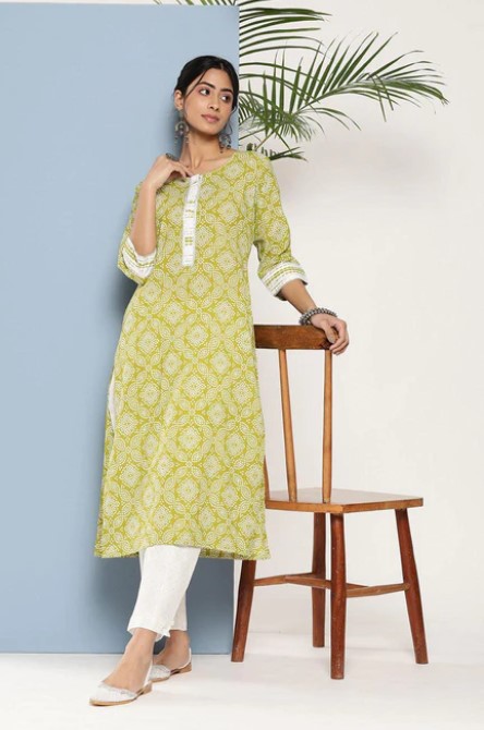 Green Printed Cotton Straight Kurta