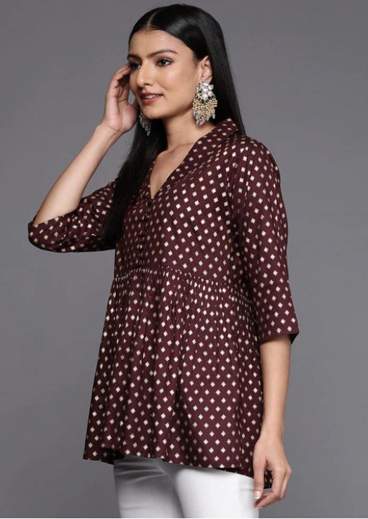 Maroon Printed Rayon A-Line Kurti