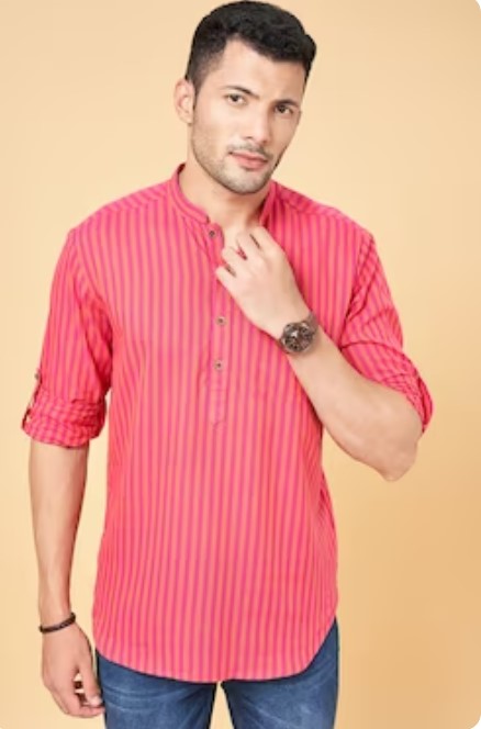 Pink Stripe Casual Men Regular Fit Kurta