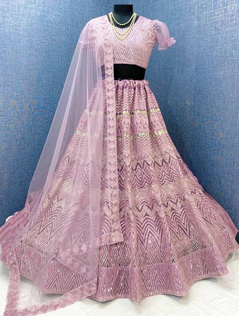 Mauve Sequins Embroidered Netted Lehenga Choli