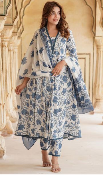 Floral Printed Anarkali Pure Cotton Kurta