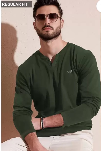 Men Typography V Neck Cotton Blend Green T-Shirt