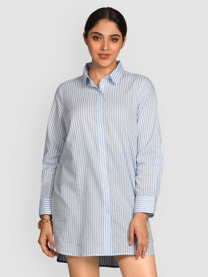 Sky Blue Striped Long Casual Shirts