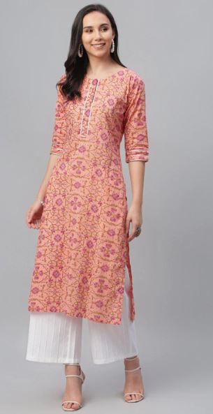 Peach Printed Cotton Kurta
