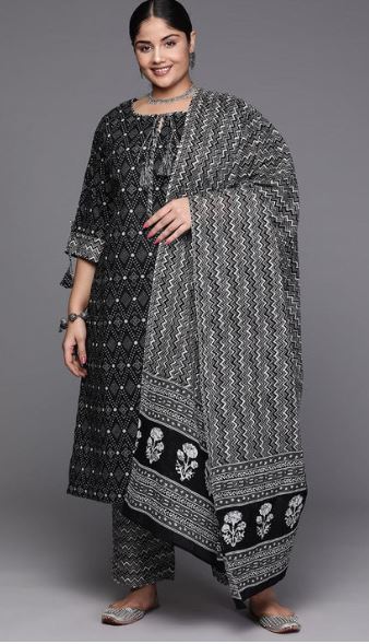 Black Printed Cotton Straight Kurta With Trousers And Dupatta