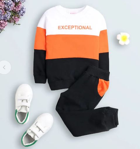 Boys Orange Text Print Top And Pant Set
