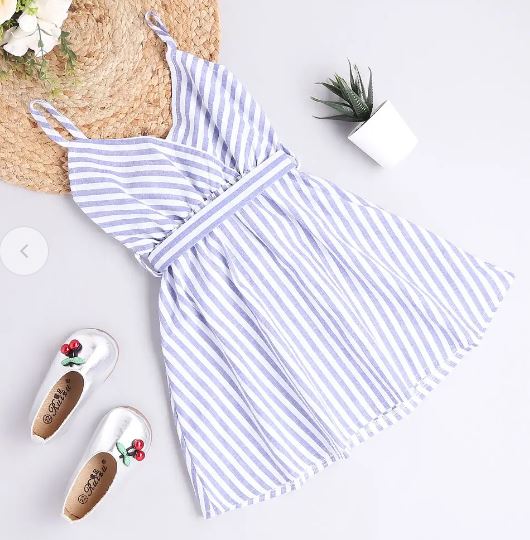 Girls Blue Sleeveless Stripe Print Casual Dress