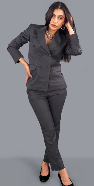 Gravel Gray Subtle Sheen Double Breasted Women's Suit