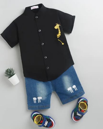 Boys Black Animal Print Shirt And Shorts Set