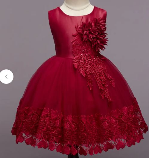 Girls Red Floral Applique Sleeveless Slim Fit Party Dress